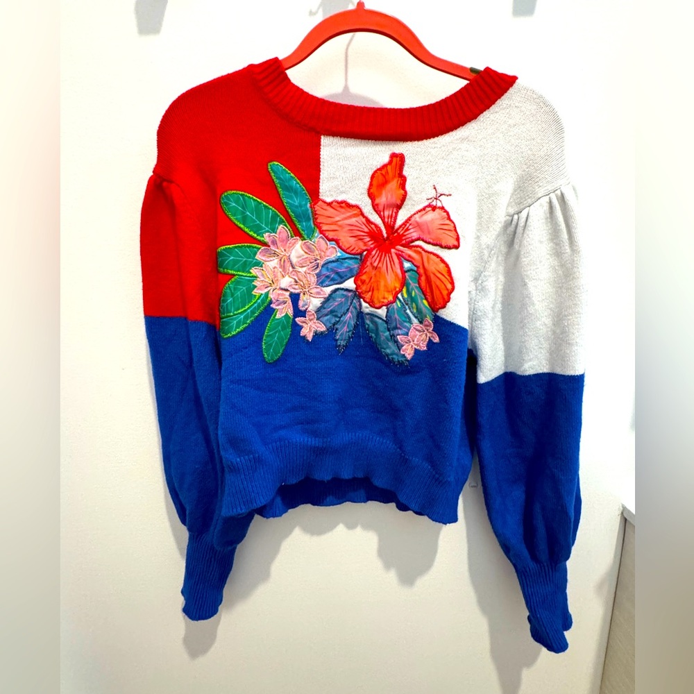 Farm Rio Cropped Floral Colorblock Sweater